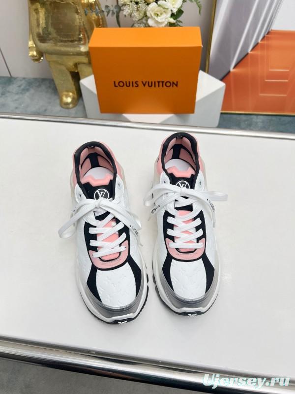 2025 Women Louis Vuitton White Black Pink Leather Mesh Sneakers LY00340