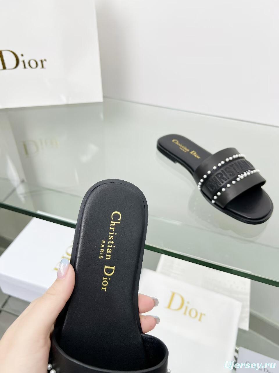 2025 Women Dior Black Leather Slippers Pearl Embellishment LY00190