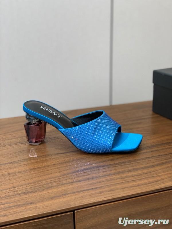2025 Women VERSACE Blue Satin Slippers