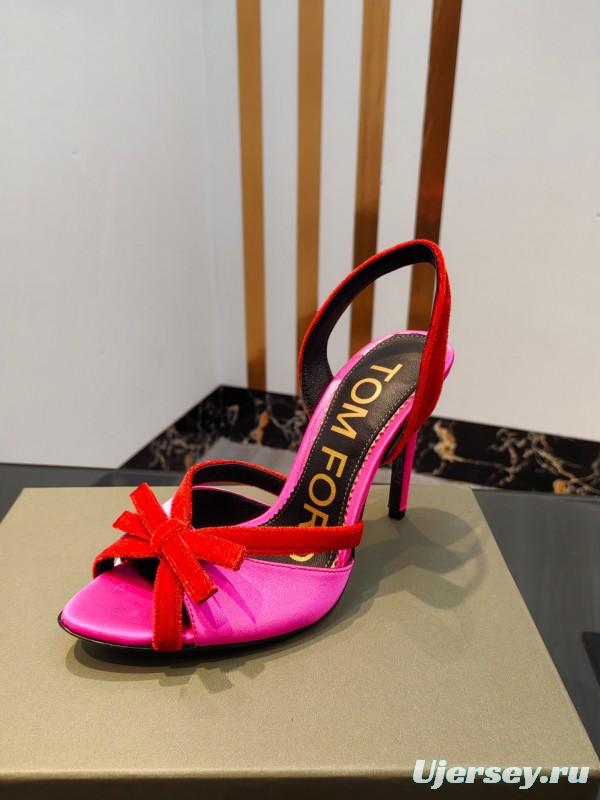 2025 Women TOM FORD Pink Red Velvet Silk High Heel Open Back Sandals