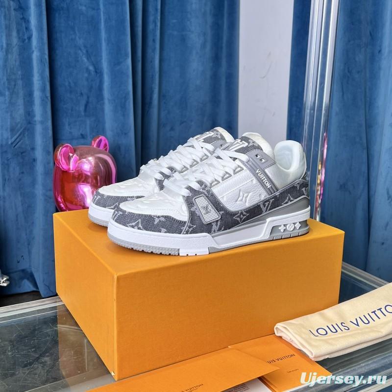 2025 Unisex Louis Vuitton Grey White Canvas Leather Sneakers