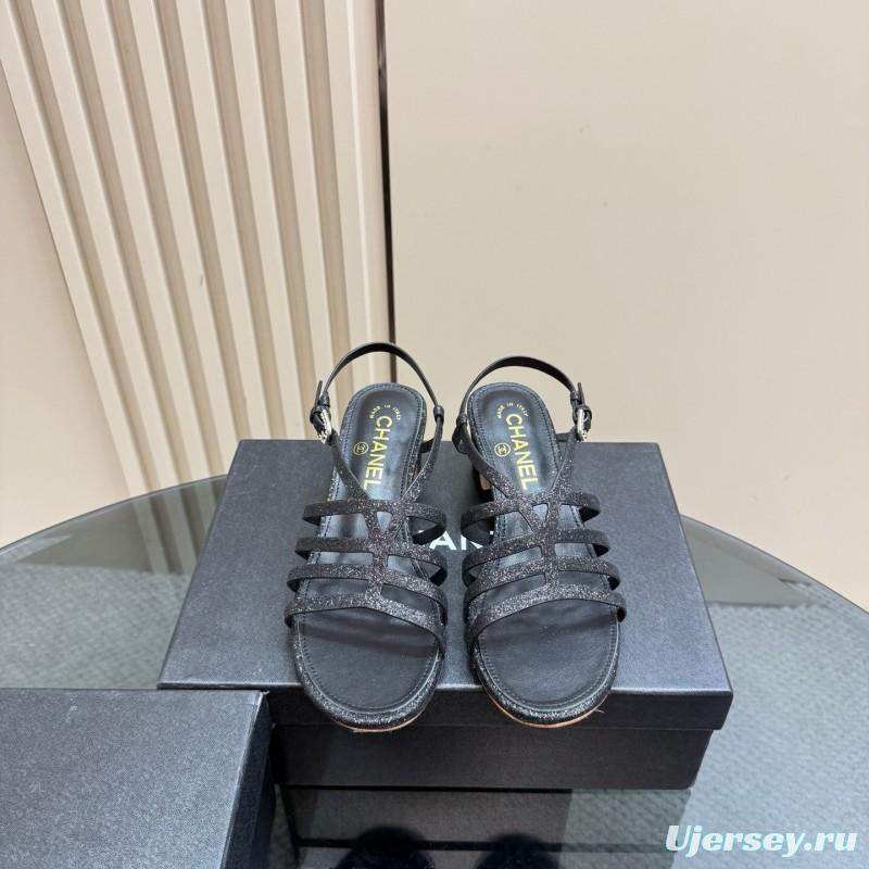 2025 Women Chanel Black Leather Sandals KFY00290