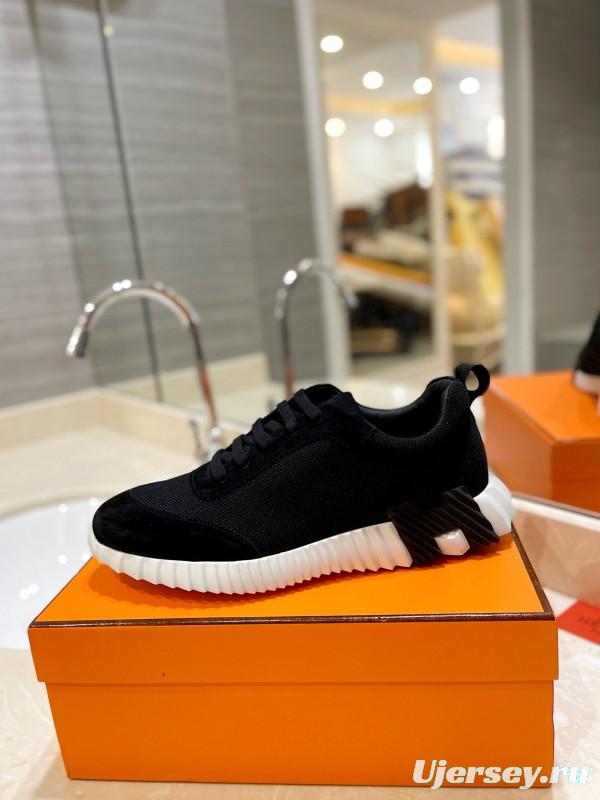 2024 Unisex Hermès black white fabric Suede sneakers