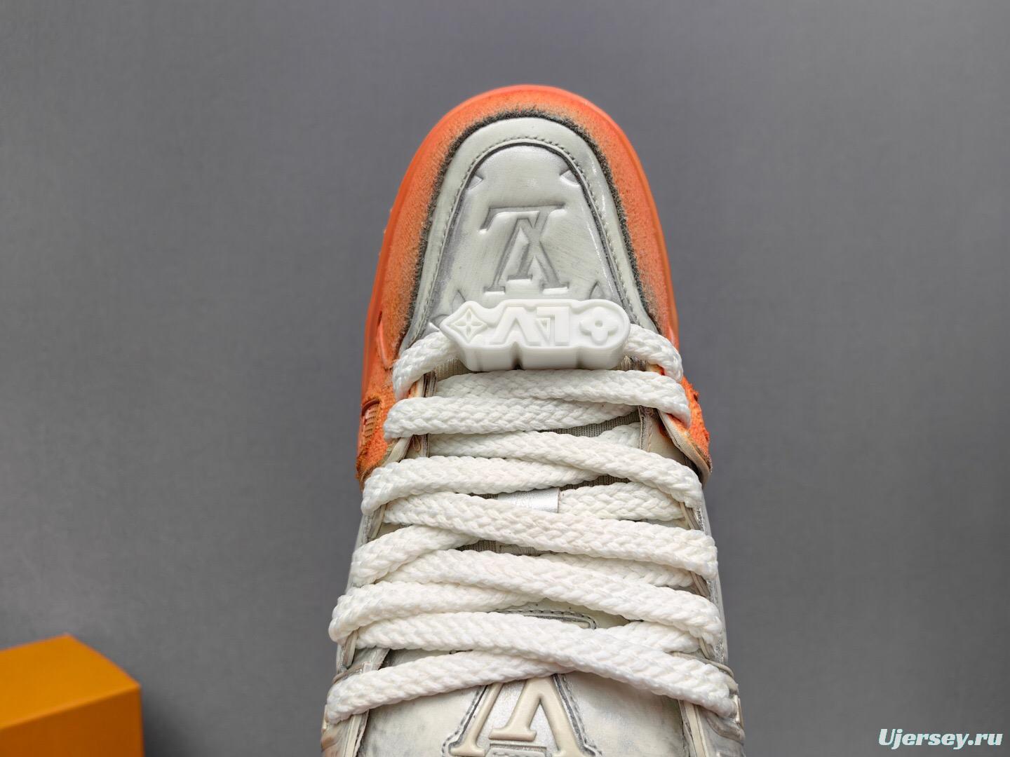 2025 Unisex Louis Vuitton Orange White Denim Leather Plimsolls Complex Wash KFY00510