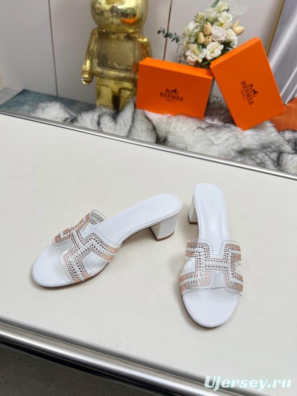 2025 Hermès White Leather Slippers H Pattern MJ00180