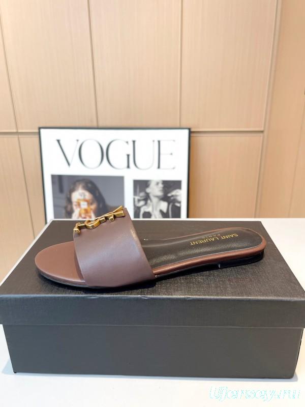 2025 Women Yves Saint Laurent Brown Leather Slippers LY00180