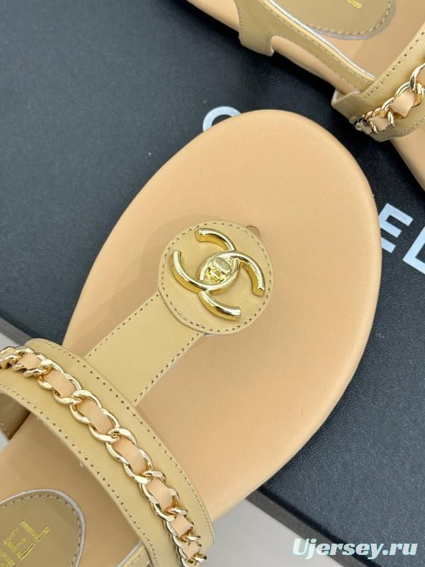 2025 Women Chanel Apricot Leather Sandals KFY00250