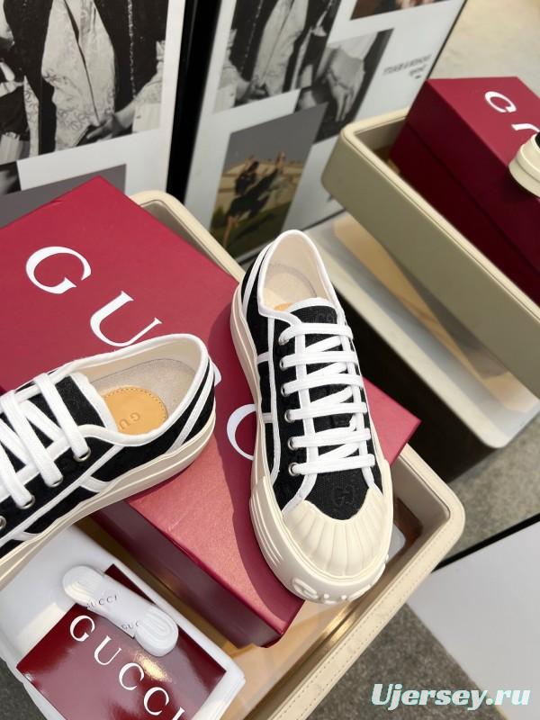 2025 Women Gucci Black White Canvas Platform Sneakers LY00270