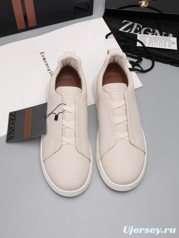 2024 Men Ermenegildo Zegna Beige Leather Low Top Sneakers MJ00240
