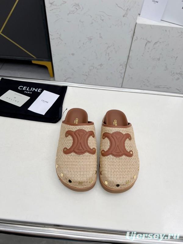 2025 CELINE Beige Leather Raffia Slippers LY00240