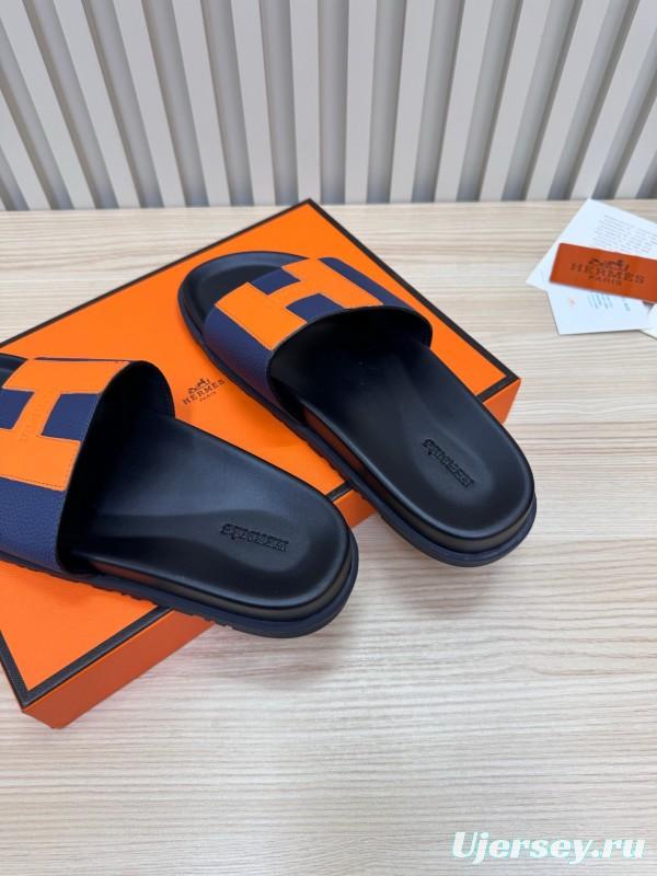 2025 Slippers Hermès Orange Navy Leather Slippers