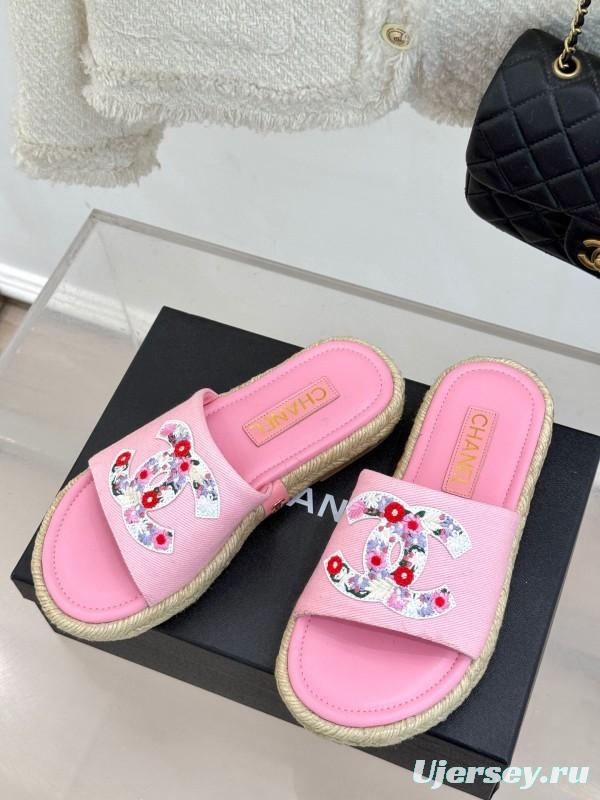 2025 Slippers Chanel Pink Canvas Embroidered KFY00230