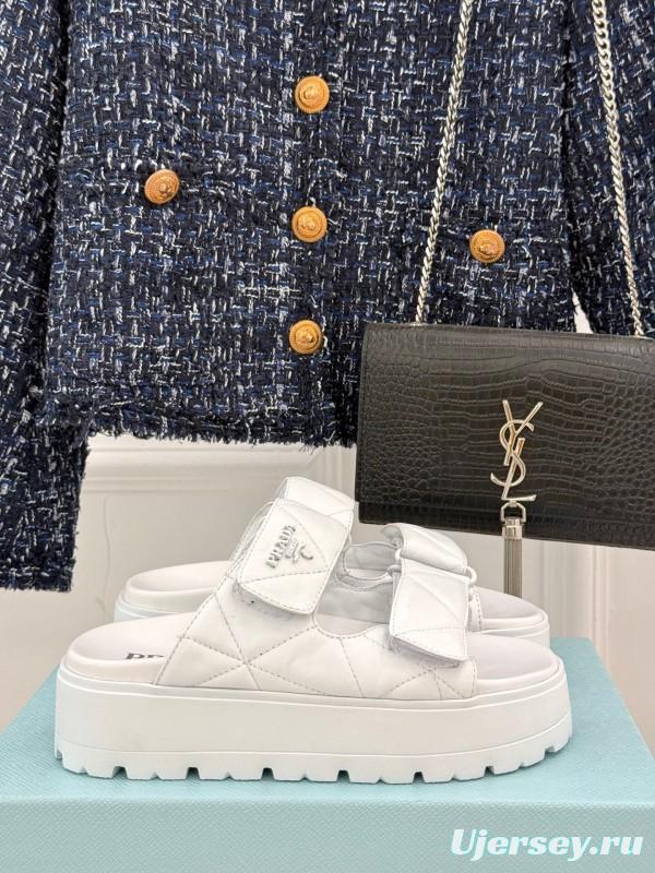 2025 Slippers Prada White Leather Quilted Velcro Strap KFY00250