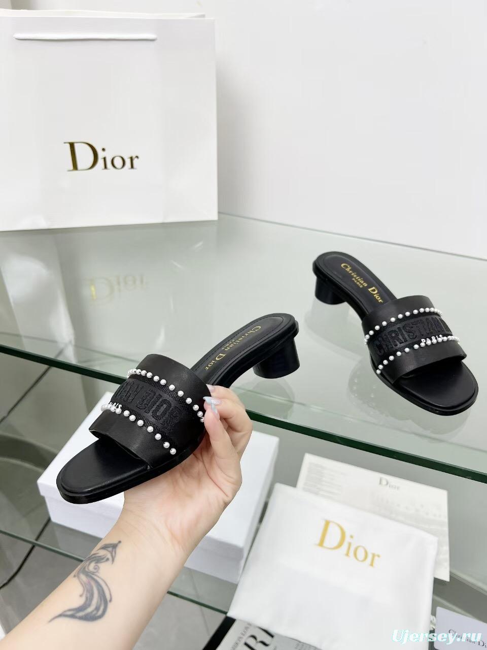 2025 Women Dior Black Leather Mules Pearl LY00210