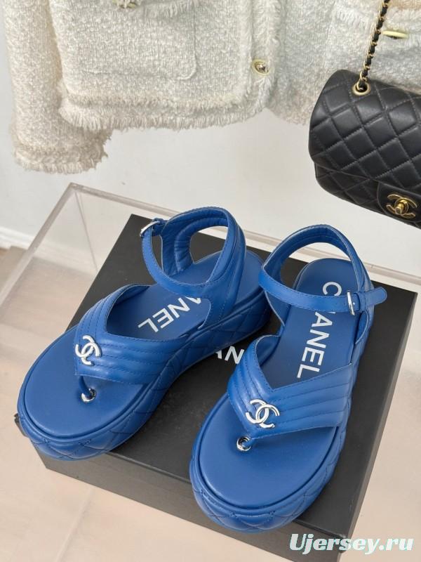 2025 Women Chanel Blue Leather Platform Sandals