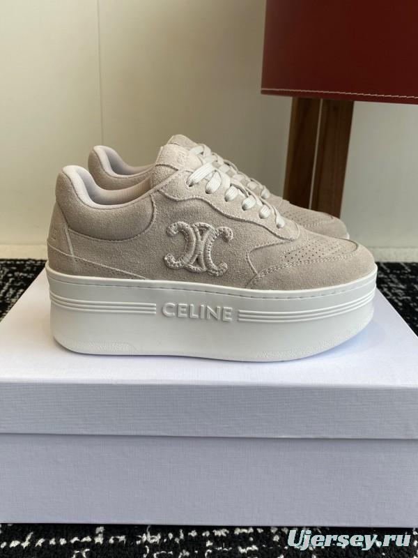 2025 Women Celine Beige Suede Platform Sneakers CELINE Embroidery