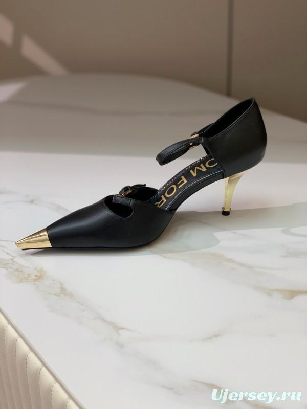 2025 Women TOM FORD Black Gold Leather Heels Metal Toe KFY00320