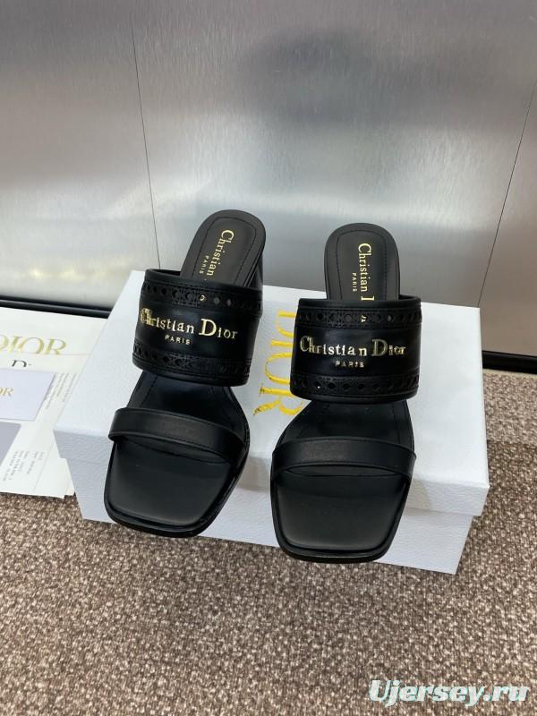 2024 Women Dior Black Leather Slide Sandals