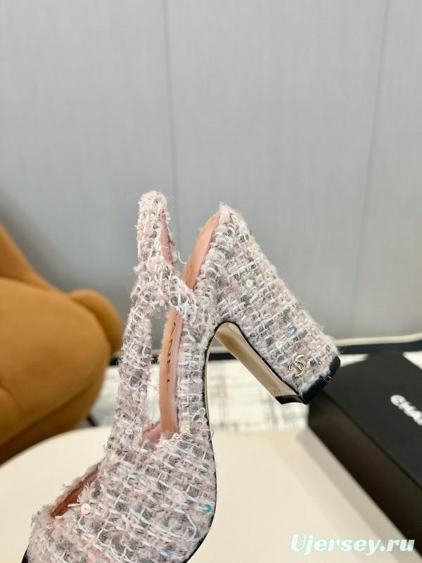 2025 Women Chanel Black White Tweed Leather Slingback Block Heel LY00270