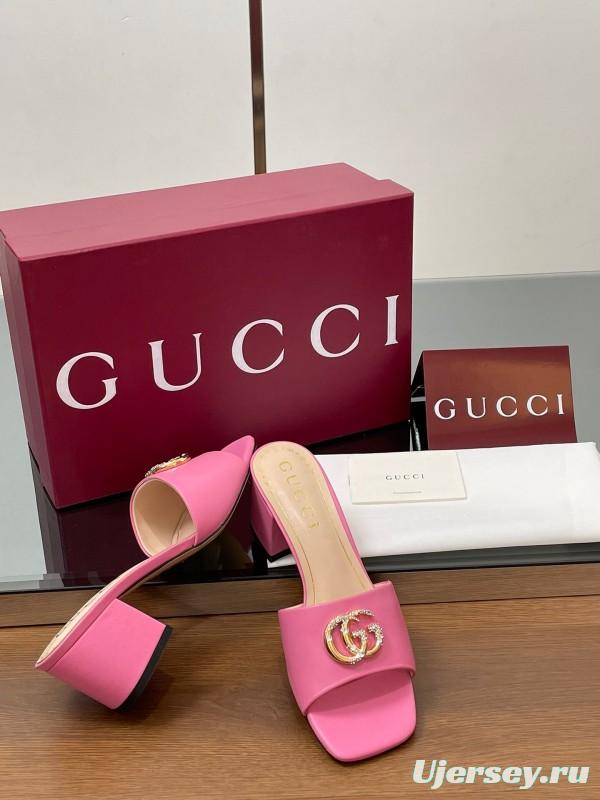 2025 Women Gucci Pink Lambskin Mid Heel Crystal GG Buckle Slide LY00280