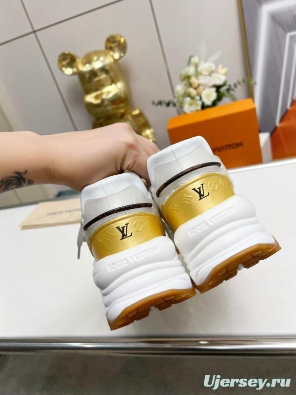 2025 Women Louis Vuitton White Gold Mesh Leather Sneakers LY00340