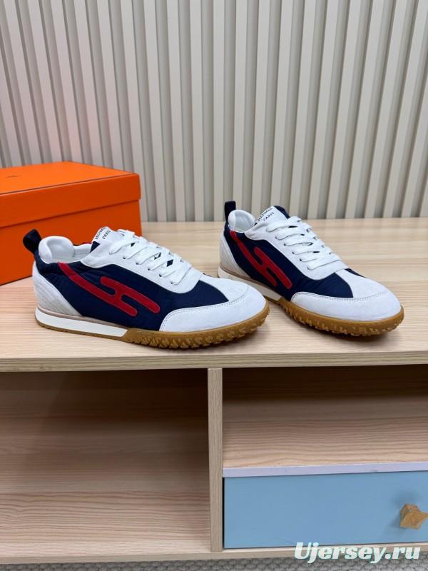 2025 Unisex Hermès White Navy Red Suede Down Fabric Sneakers KFY00300
