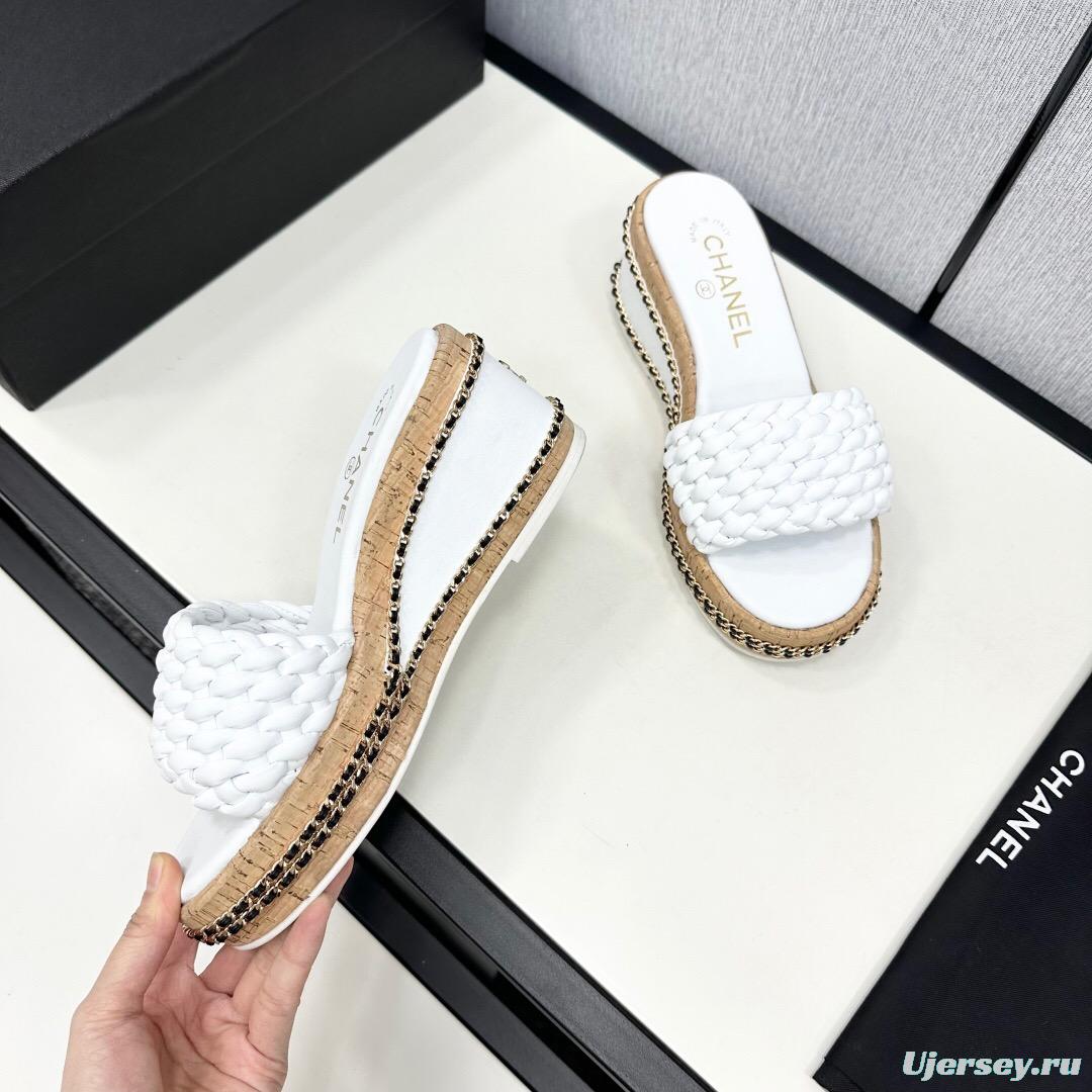 2025 Women Chanel White Leather Wedge Sandals