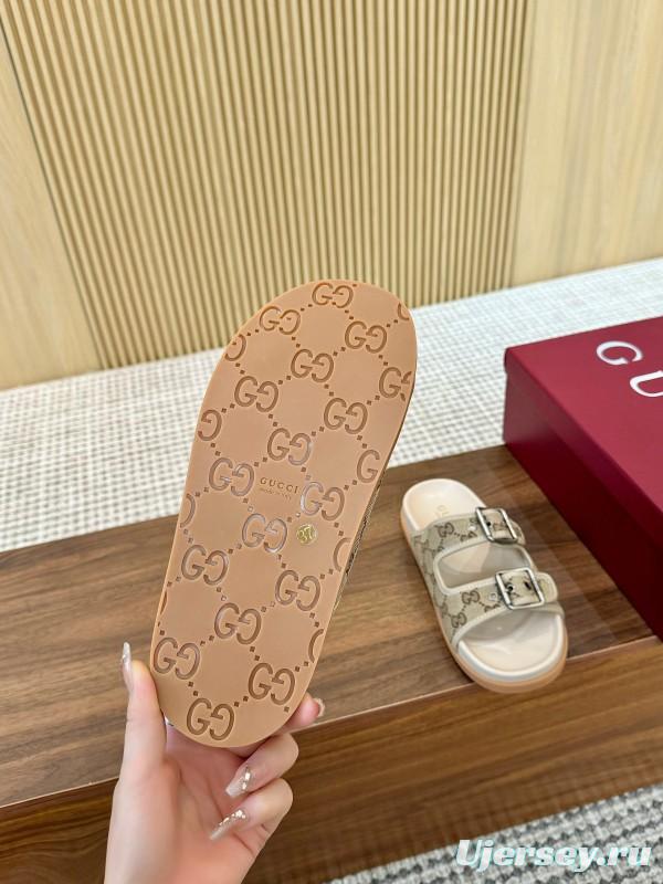 2025 Women Gucci Beige Canvas Leather Slippers LY00360