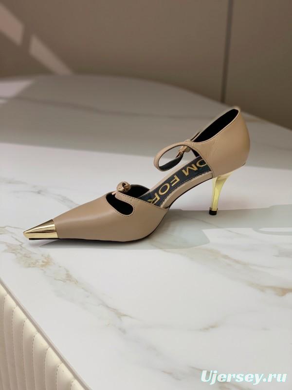 2025 Women TOM FORD Beige Leather Pointed Toe Metal Tip Pumps KFY00320