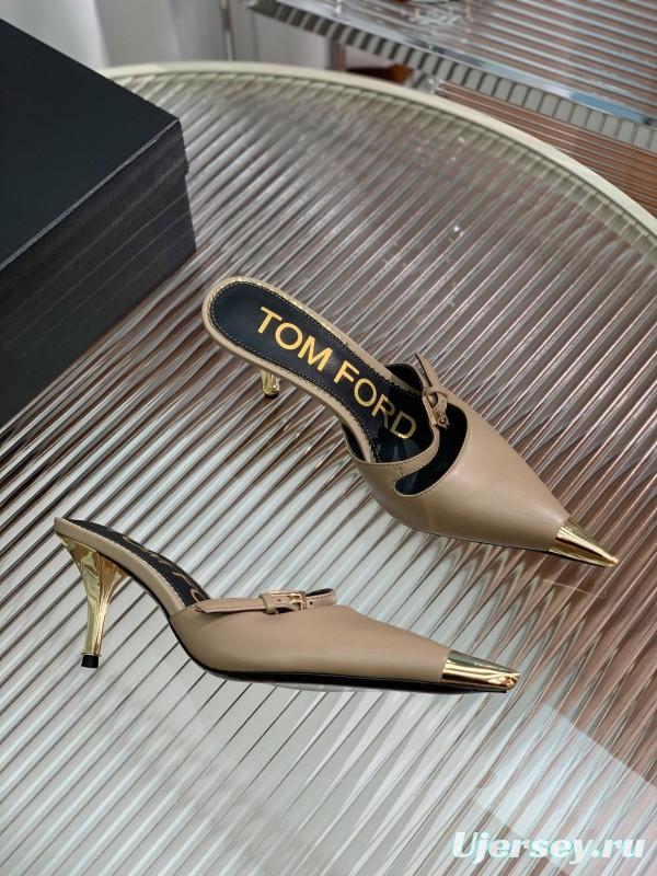 2025 Women TOM FORD Beige Gold Leather Pointed Toe Mules KFY00300