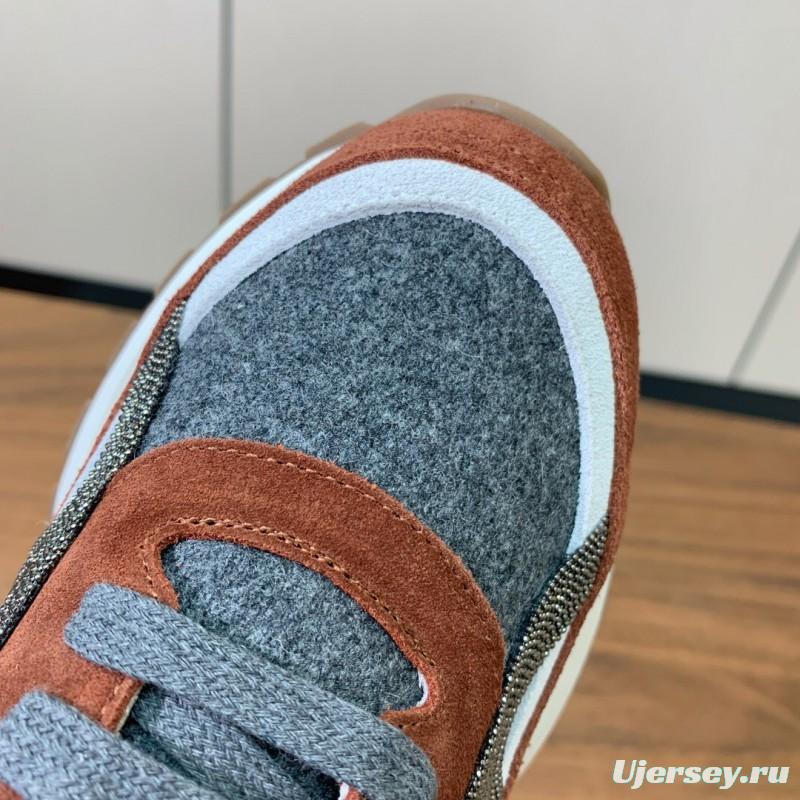 2025 Unisex Brunello Cucinelli Grey Brown White Suede Fabric Sneakers LY