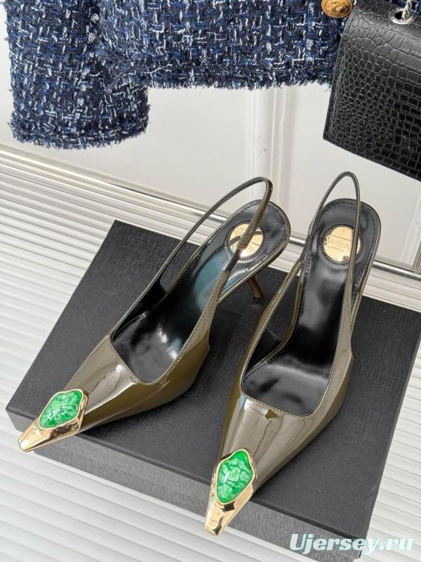 2024 Women Yves Saint Laurent Olive Green Gold Calf Leather Slingback Gemstone High Heels MJ00330