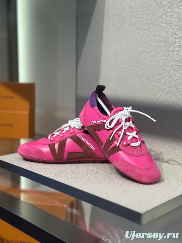 2025 Women Louis Vuitton Pink Purple Suede Leather Sneakers LY00340