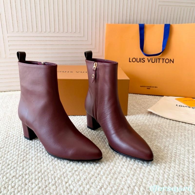 2024 Women Louis Vuitton Burgundy Leather Ankle Boots MJ00410