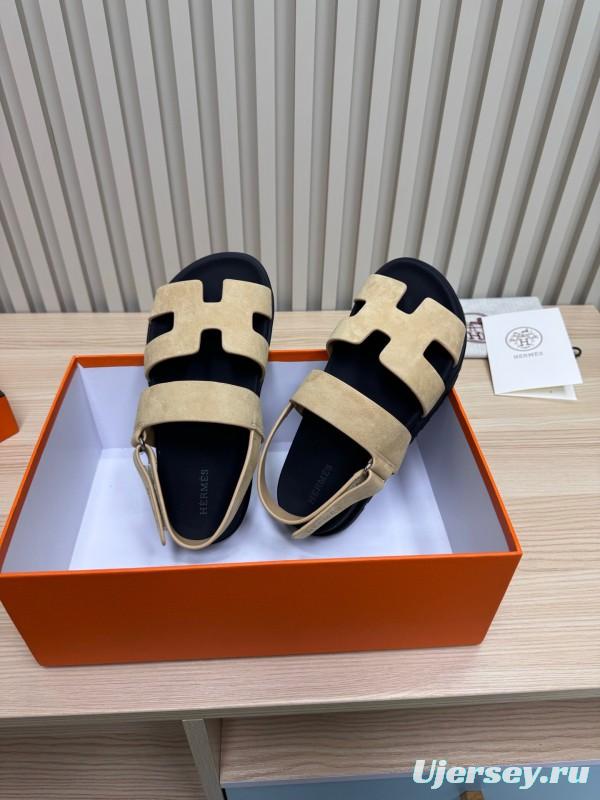 2025 Slippers Hermès Beige Black Suede Leather Sandals