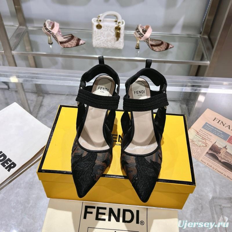 2025 Women Fendi Black Mesh Leather Heels MJ00280