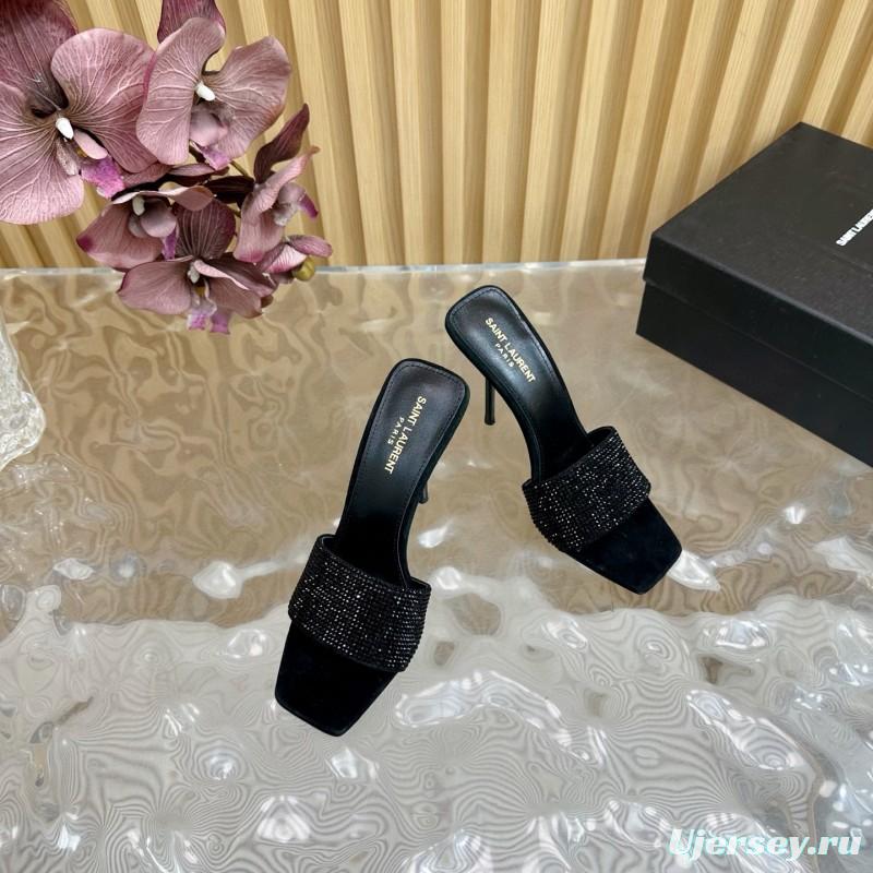 2025 Women Yves Saint Laurent Black Rhinestone Leather High Heel Sandals MJ00300