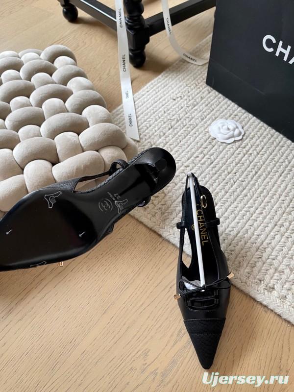 2025 Women Chanel Black Leather Slingback Bowknot Pumps KFY00320