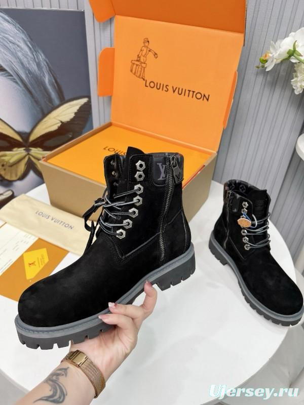 2024 Unisex Louis Vuitton Black Suede Leather 6 Inch Waterproof Embossed Leather Ankle Boots MJ00450