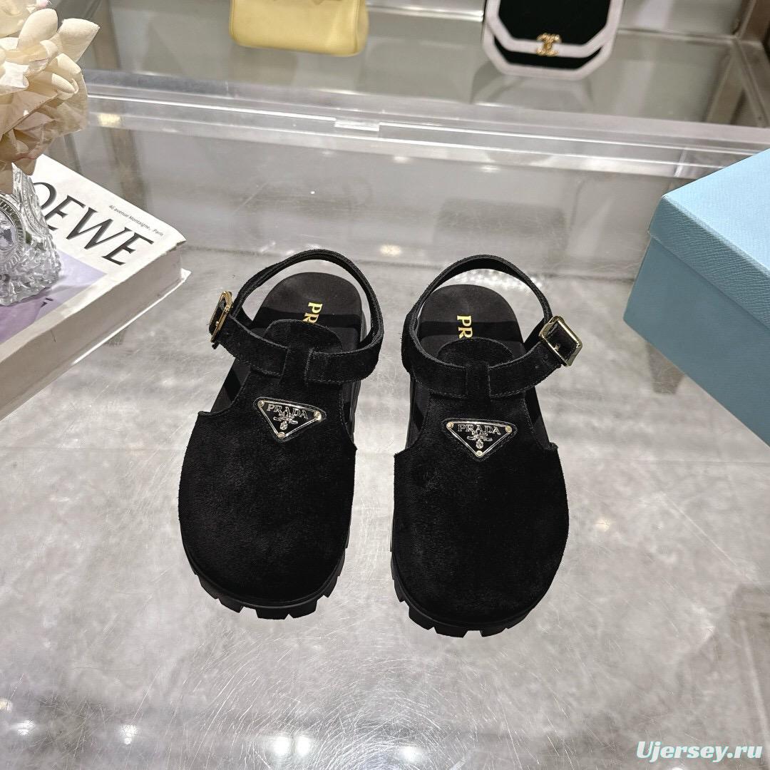 2025 Women Prada Black Suede Sandals LY00270