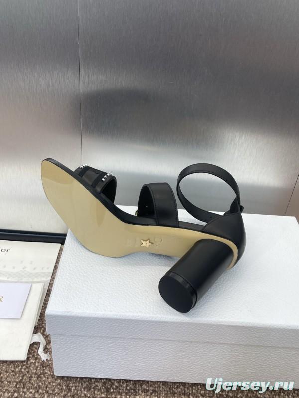 2025 Women Dior Black Leather Sandals Studded KFY00320