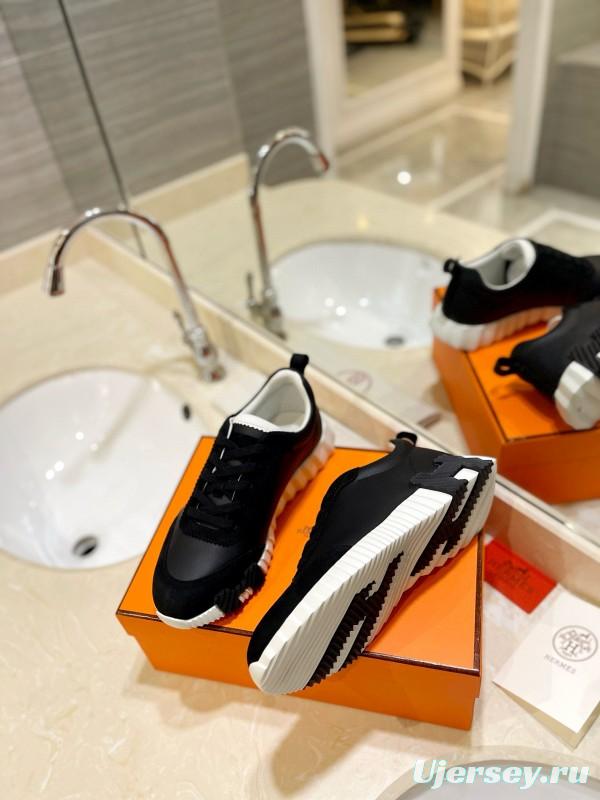 2024 Unisex Hermès Black White Leather Rainproof Fabric Casual Sneakers MJ00320