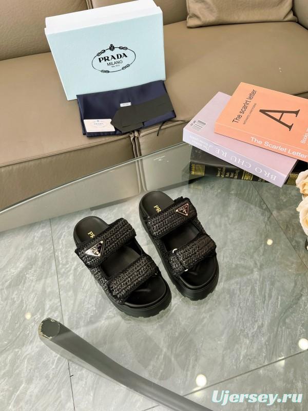 2025 Prada Black Woven Leather Slippers LY00290