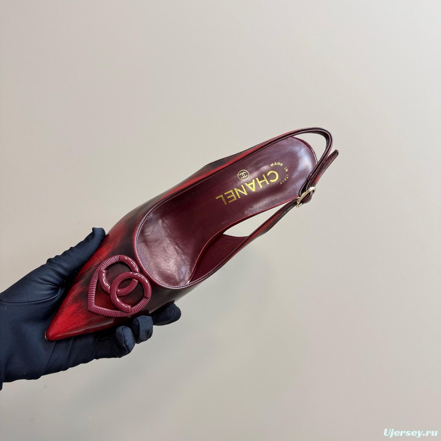 2025 Women Chanel Burgundy Leather Slingback Heels KFY00290