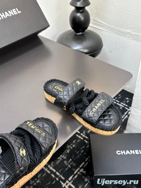 2025 Slippers Chanel Black Leather Cork Sole Sandal LY00250