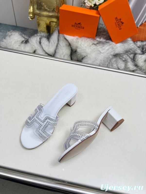 2025 Slippers Hermès White Leather Crystal MJ00180