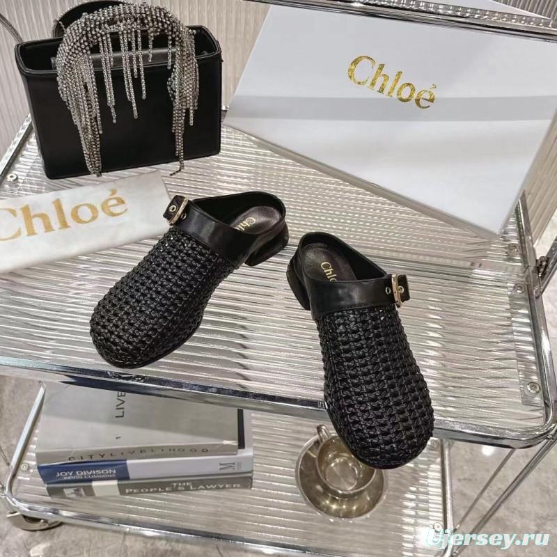 2025 Women Chloé Black Leather Woven Slippers