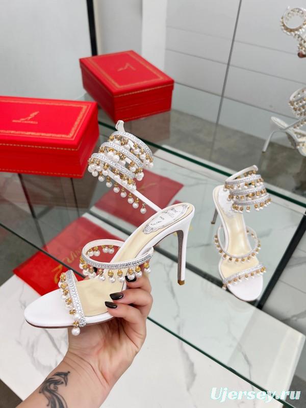 2025 Women RC White Crystal Pearl Leather High Heel Sandals LY00360