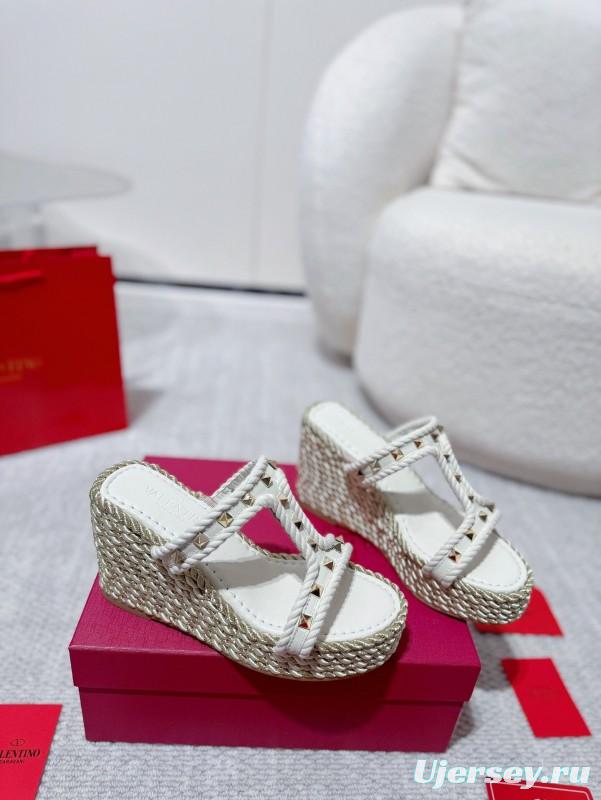 2025 Women Valentino White Leather Wedge Sandals Studs LY00290