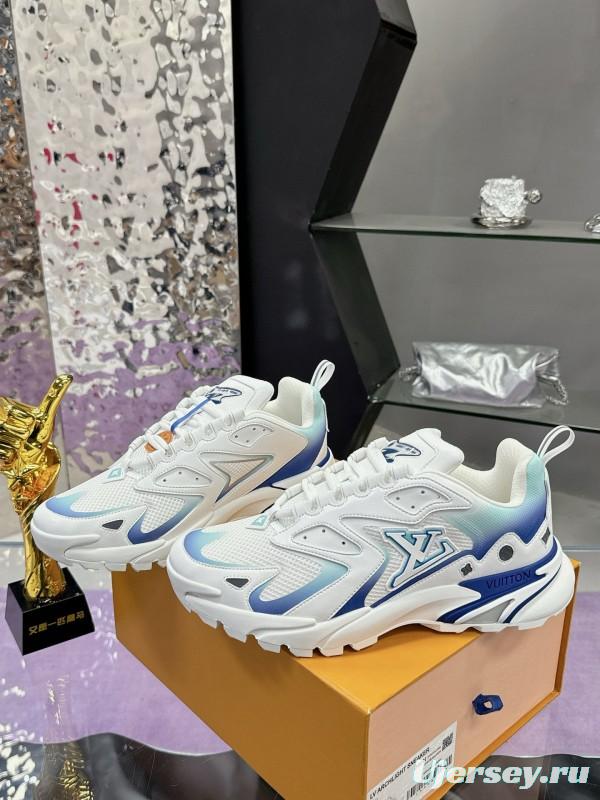 2025 Men Louis Vuitton Blue White Mesh Leather Sneakers MJ00420